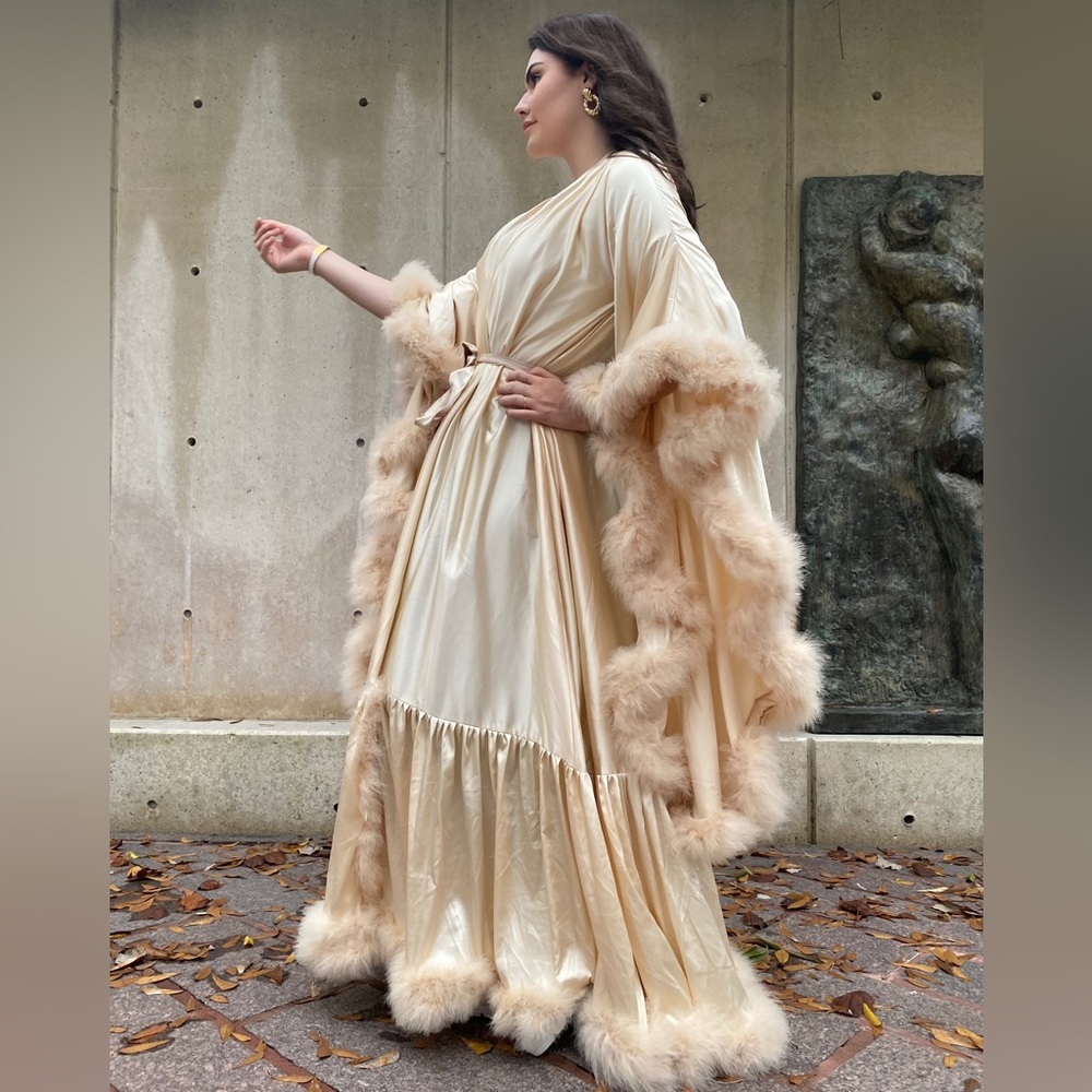Beige Feather Long Bridal Robe